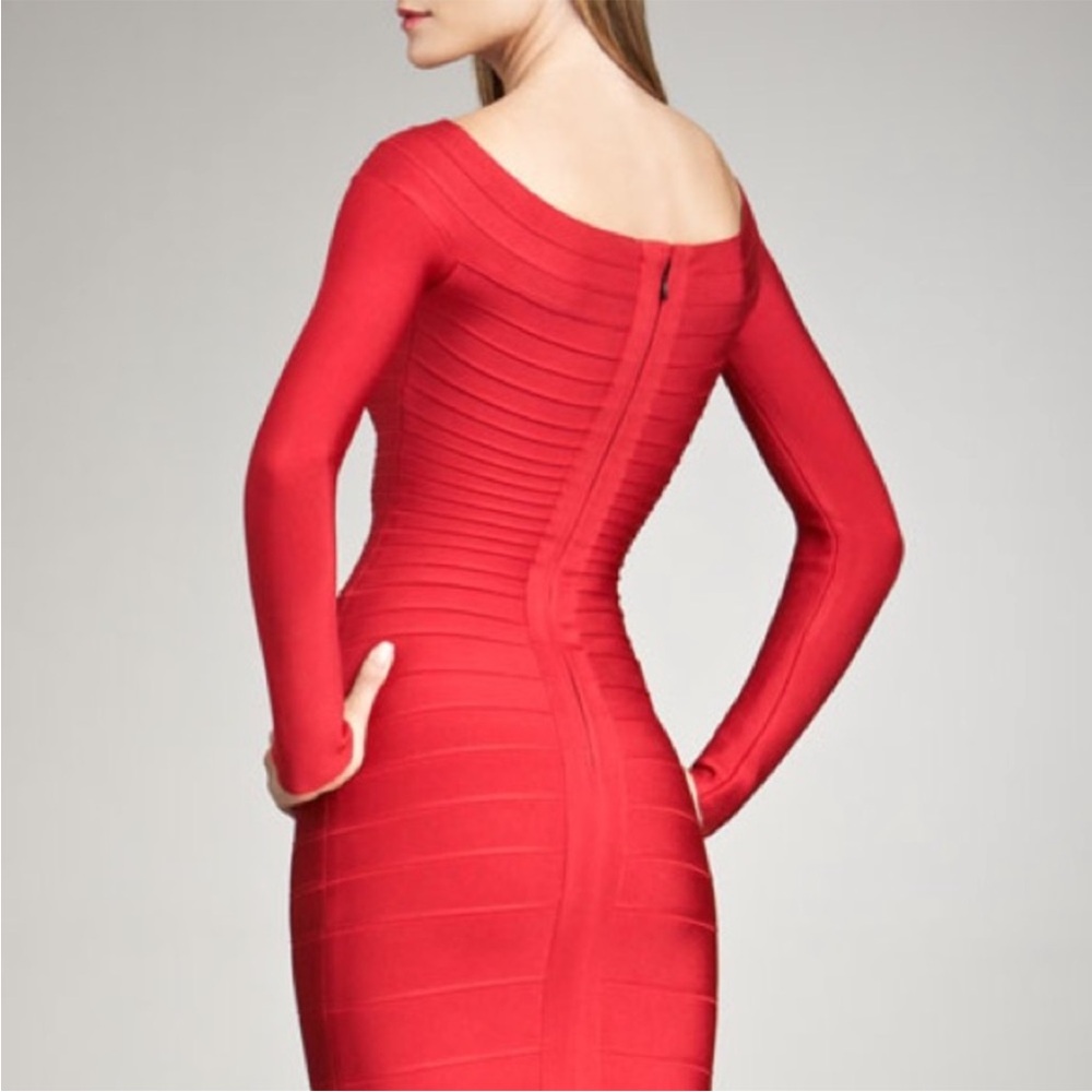 Hervé Léger “Renny” Long-Sleeve Off-Shoulder Bandage Dress – Red – XS - Picture 2 of 7